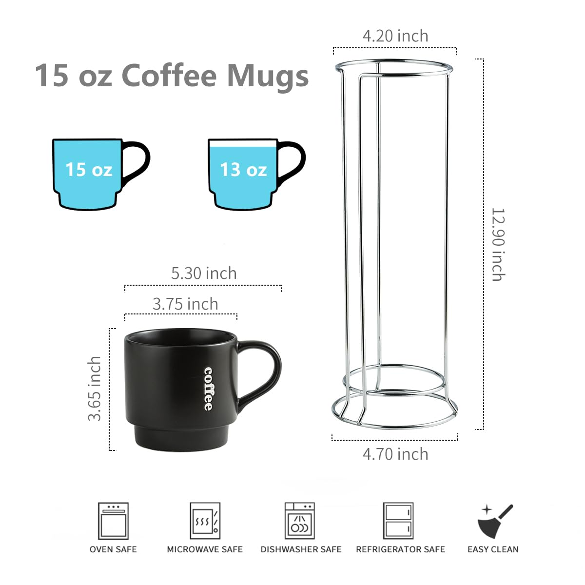 Lauchuh Coffee Mug Set, Porcelain Stackable Coffee Mugs With Rack,15 Oz Cappuccino Cup Coffee Cups For Coffee, Tea, Cocoa, Milk,